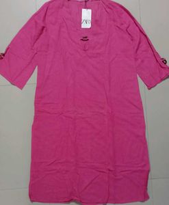 Zara Flowing Linen Blend Tunic Dress Fuchsia Pink