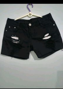 Distressed Black Denim Shorts