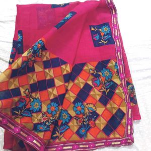 Elegant Pink Floral Saree with blouse piece