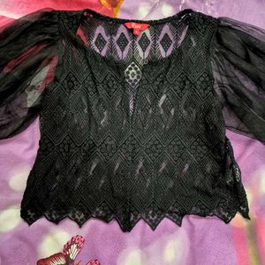 Elegant Black Mesh Sleeve Crop Top