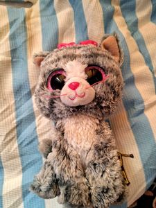 Ty Beanie Boo  Grey And White Cat Pink Glitter Eye