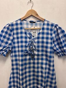 Blue Gingham Lace-Up Mini Dress