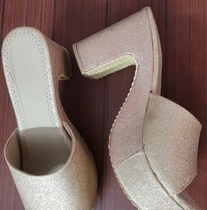 Fancy Rose Gold Women Block Heel Slippers With Party Wear 3.5 Inch Heels Chappal For Ladies