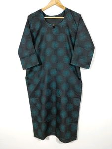 Black With Green Printed Round Neck Kurti (Women)
