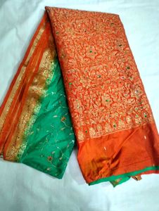 Silk Blend Saree - Teal &amp; Orange