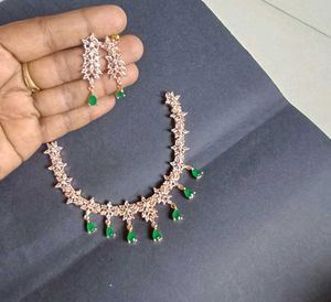 Rose Gold AD Green Necklace Set