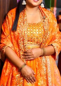 Orange&amp; gold sequined lehanga Myntra