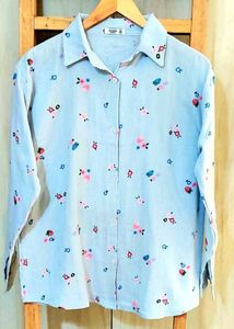 Sky Blue Printed Cotton Shirt Size-42