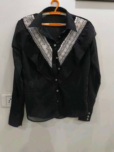 Elegant Black Shirt with White Lace Accent