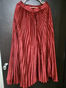 Red Accordion Pleated Satin Finish Flared Skirt
