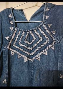 Denim Dress/ Gown With Embroidery