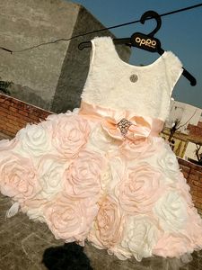 White&Peach Net Floral Jacket Frock In Fur Fabric