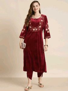 Velvet look Embroidered Kurta