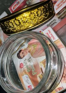 Beautiful New Glass Jar With Golden Glitter Lit.