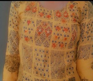 Mustard Block Print Kurti with Mirror &amp; Thread Emb