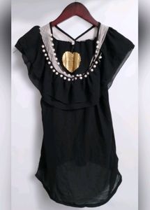 Black Sheer Ruffled Top with Keyhole Neckline