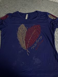 Navy Blue Feather Embellished Tee
