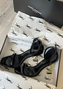 Saint Laurent Black Patent YSL Heel Sandals