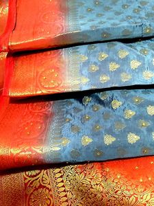 Elegant Reddish Orange &amp; Grey Silk Saree