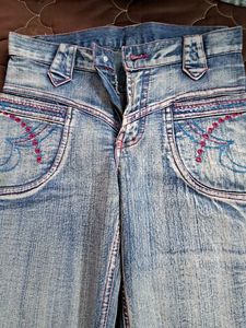 Denim Blue 90s Jean&#39;s Wirh Pink Thread Work