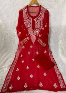 Red Chikankari Kurti With Mirror Work