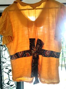Mustard Yellow Top With Blue Kalamkari Bow