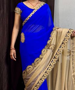 Beautiful Royal Blue Saree with Gold Lace