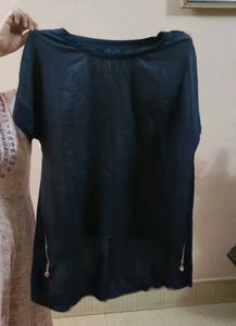 Navy Sheer High-Low Tunic with Side Zippers