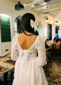 White Puffed Sleeve Square Neck Back Tie Up Dress