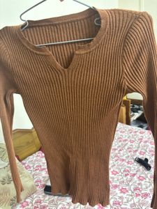 Brown Ribbed Long Sleeve Top