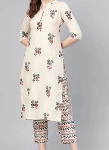 Off-White Printed Cotton Straight Kurta With Trous