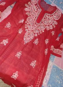 Red Mirror Work Chikankari Embroidered Kurti