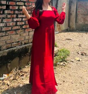 Red Maxi Dress with Puff Sleeves