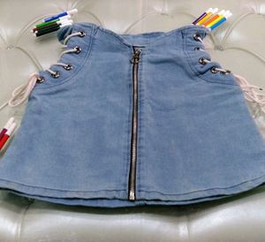 Blue denim zipper side knot skirt