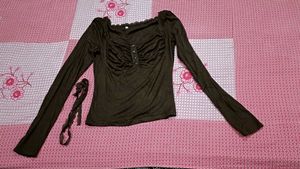 Brown Lace Trimmed Long Sleeve Top
