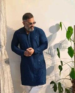 Men's Blue Embroidered Kurta And Pyjama