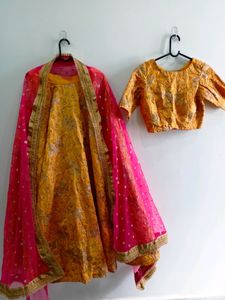 Yellow Bridal Partywear Lehenga .With Pink Dupatta