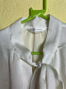 White Tie-Neck Ruffle Blouse