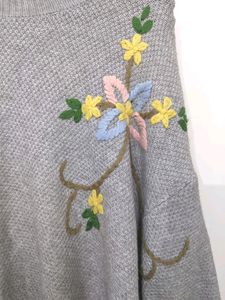 Floral Embroidered Grey Knit Sweater