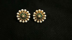 Pearl &amp; Green Floral Stud Earrings