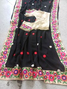 Black Saree with Embroidered Floral Border