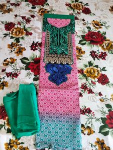 Green &amp; Pink Embroidered Dress Material🎀