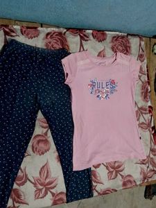 Blue Printed Leggings and Light Pink T-shirt