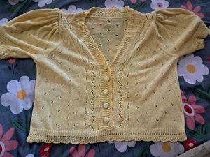 Dainty Yellow Knit Cardigan | Puff Sleeve Top