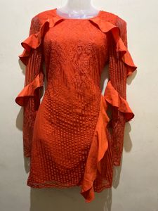 Koovs Branded Orange Ruffle Long Sleeve Dress