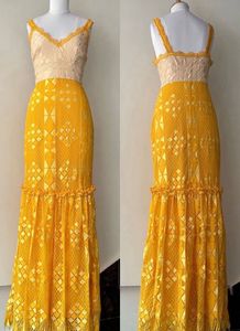 FOXIEDOXTwo-tone Crochet Maxi Gown In Yellow/ivory