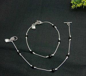 Silver Plated Anklet with Black Beads