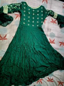 Dark Green Frock With Dupatta