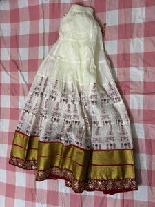 White Skirt With Red Print And Embroidery Border