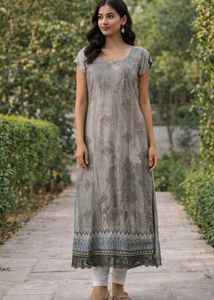 Elegant Grey Printed Kurta with patchwork